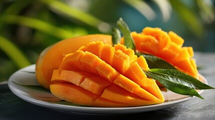 Sliced Ripe Mango Displayed Beautifully on White Plate