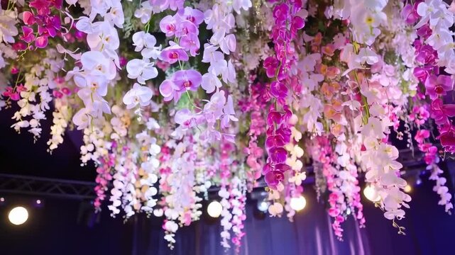 A profusion of hanging pink and white orchids