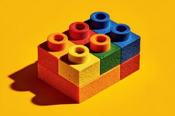 Fototapeta premium Colorful Lego brick construction toy assembled on yellow background