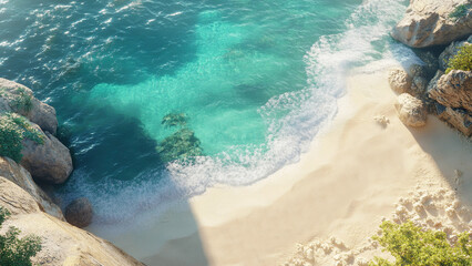 blue sea water waves on the beach sand with rocks and trees 