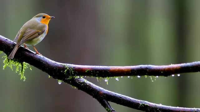 A robin perched on a wet branch in a forest