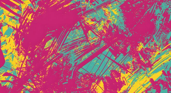 Abstract digital art with overlapping strokes of vibrant pink, teal, and yellow hues