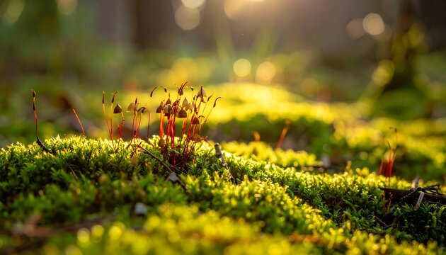 Close-up captures vibrant green moss with tiny red stalks, sunlit