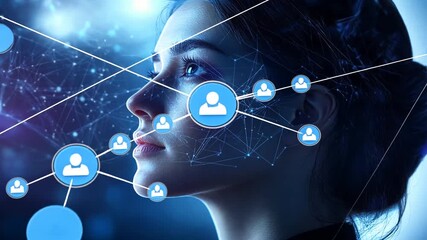 Futuristic AI Woman with Network Connections and User Icons. - Powered by Adobe