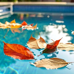 Fall leaves float serenely on a shimmering turquoise pool surface