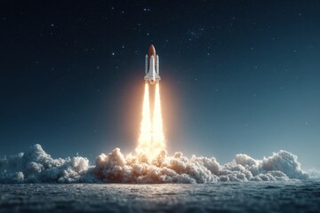Naklejka premium Rocket launching upwards towards the night sky