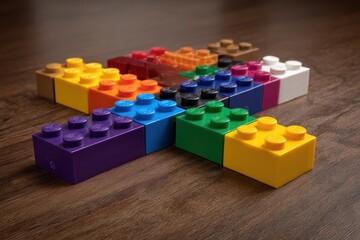 Fototapeta premium Colorful Lego Bricks Interlocked and Arranged on Wooden Table