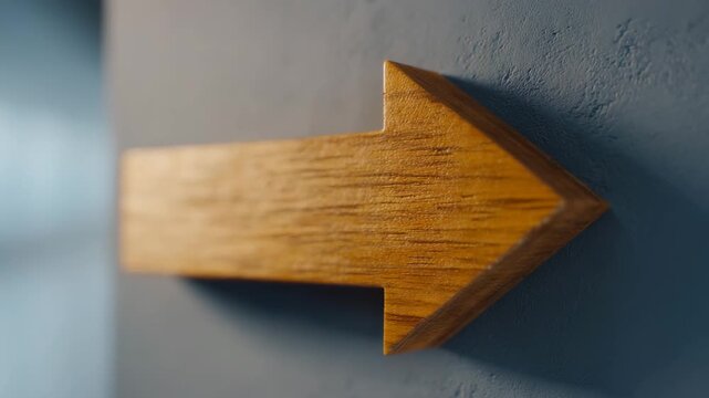 Wooden arrow sign right direction wall close up natural material guidance navigation modern interior minimal style focus simple design brown color textured surface horizontal detail object smooth