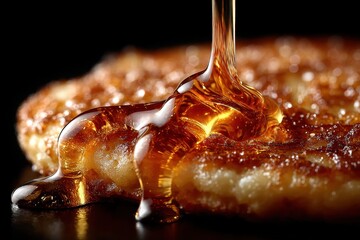 Syrup Pouring onto a Single Pancake in a Macro Shot