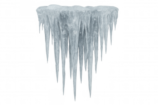 Ice block with sharp icicles hanging down, creating a frozen winter texture, isolated on transparent background