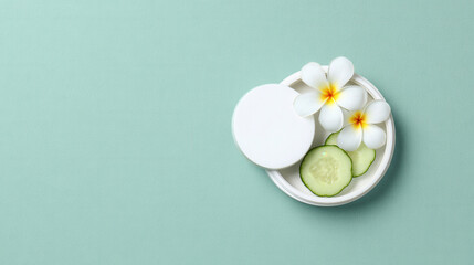 Fresh skincare setup featuring cucumber slices and tropical flowers on a green background for a soothing experience