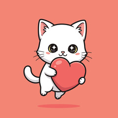 Obraz premium Adorable white kitten holding a vibrant red heart, symbolizing love, affection, and tenderness, cartoon vector illustration.