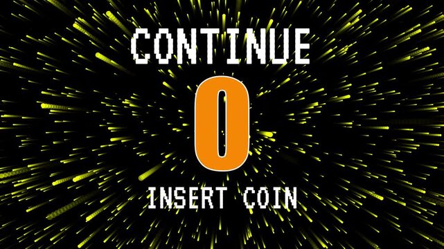 Insert coins to continue playing. Retro arcade game countdown timer 3 to 0 with insert coin on black background. Ideal for after the game over screen. 4K video animation