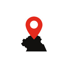 Location pin over a black country shape map on transparent background silhouette