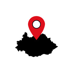 Red map pin on black landmass illustration on transparent background silhouette