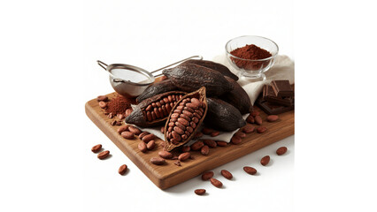 Raw cacao pods, beans, and finely ground cocoa powder artfully arranged on a wooden board, ready for chocolate making on a transparent background.