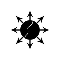 Black circle with arrows pointing outward on transparent background silhouette