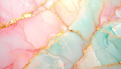 Luxurious Pink and Teal Marble Texture Background with Shining Gold Veins, Fluid Art Ink Effect, Elegant Wallpaper or Abstract Surface Design, High-End Stone Material Pattern