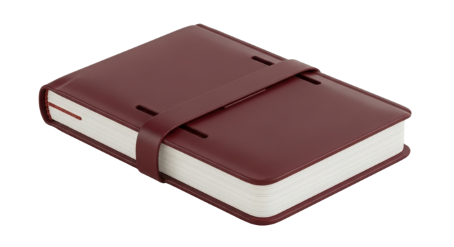 Closed burgundy leather notebook for office or personal use isolated PNG with Transparent Background