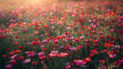 A field of blooming red and purple flowers scattered across the landscape, bathed in soft yet bright light