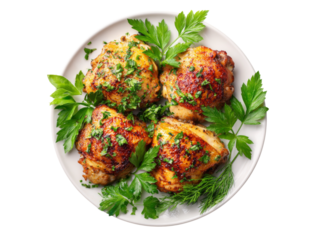 Roasted chicken thighs with parsley garnish on white plate, Isolated On White Background, Png Transparent