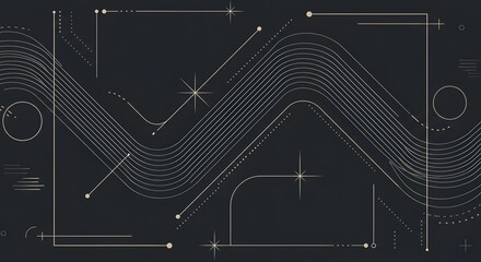 Abstract graphic design with flowing lines, geometric shapes, and starbursts on a dark background