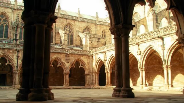 Sunlit ancient cloister, a masterpiece of gothic architecture with intricate stonework and columns, reflecting centuries of cultural heritage and spiritual design