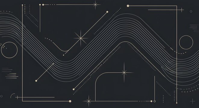 Abstract graphic design with flowing lines, geometric shapes, and starbursts on a dark background