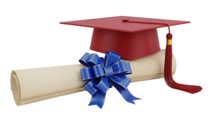 Graduation cap and diploma with blue ribbon isolated PNG with Transparent Background