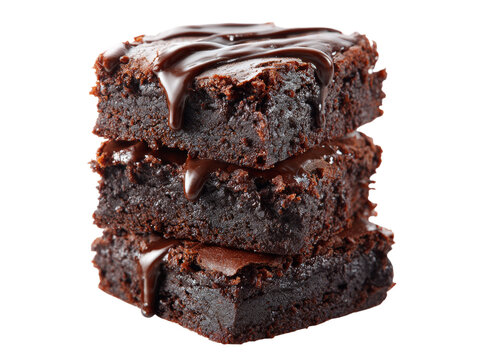 Delicious chocolate brownies stacked high drizzled with ganache, Isolated On White Background, Png Transparent