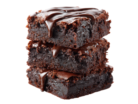 Delicious chocolate brownies stacked high drizzled with ganache, Isolated On White Background, Png Transparent