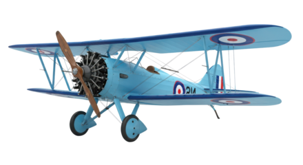 Light blue vintage biplane airplane with a propeller isolated PNG with Transparent Background