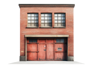 Brick Building with Red Doors and Windows in Urban Environment, Isolated on Transparent Background