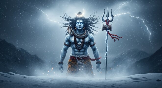 Lord shiva standing in a stormy, snowy landscape holding his trident, powerful divine energy