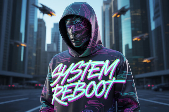 Enter the cyberpunk future with this stunning neon hoodie design and futuristic cityscape, a perfect blend of tech and urban style for your modern projects
