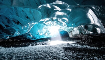 Sapphire blue subglacial ice cave lit by a single skylight beam illuminating hoarfrost patterns crystalline textures and cool tonal harmony with open copy space