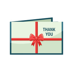 Light green greeting card with red ribbon and bow tied across it, featuring the words thank you in dark blue text, representing thoughtful gesture gratitude and appreciation, presented as gift or note