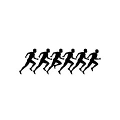 Silhouette of six runners in a row race on transparent background