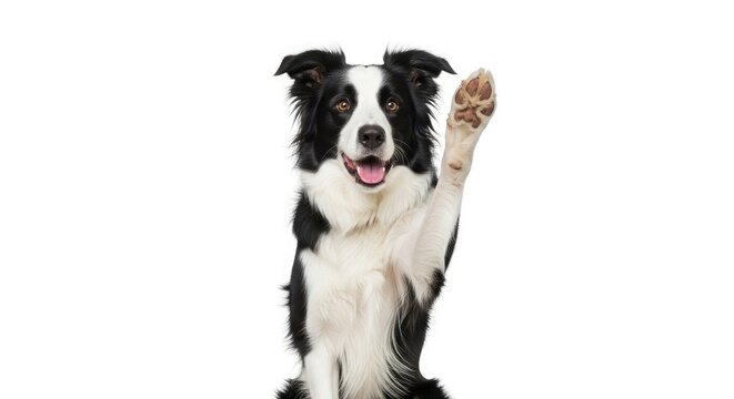 Border collie dog waving paw happy pet animal canine breed domestic adorable friend black and white studio shot