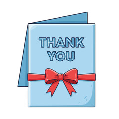 Light blue folded greeting card with thank you text, tied with red ribbon and bow