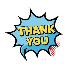 Blue comic book speech bubble with jagged edge, containing the words thank you in yellow letters and red halftone dots, isolated on transparent