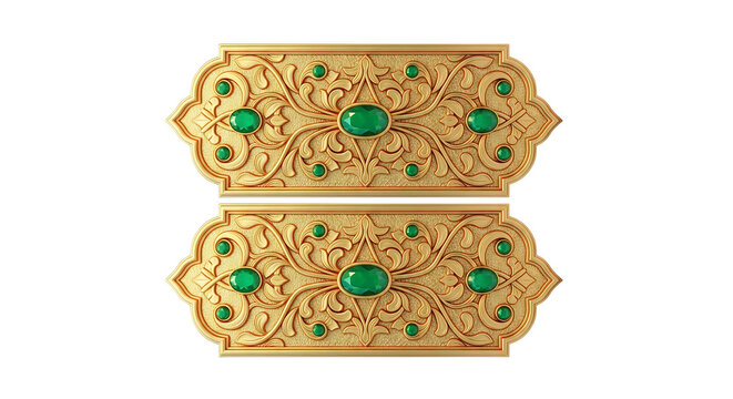 Ornate antique gold buckles with green gemstones on white background - Powered by Adobe