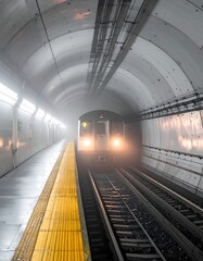 A tunnel station with an oncoming train, shrouded in mist, yellow platform