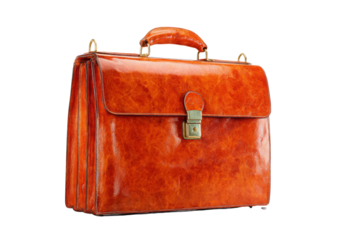 Elegant vintage orange leather briefcase business portfolio bag, Isolated On White Background, Png Transparent