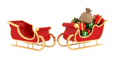 Festive red and gold sleighs brimming with gifts and a sack, capturing the joy of holiday giving and the magic of Christmas Eve delivery