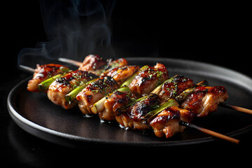 Captivating Cinematic Photograph of Yakitori Skewers on Dark Plate with Smoke Effect for Culinary Artistry