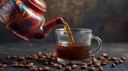 Indonesian batik-patterned teapot, brown, pouring caramel coffee into a glass, showing coffee flowing through the teapot into a horizontal cup with a blurred background of Indonesian luwak coffee bean