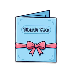 Light blue folded greeting card with the words thank you written on the cover, tied with pink ribbon and bow