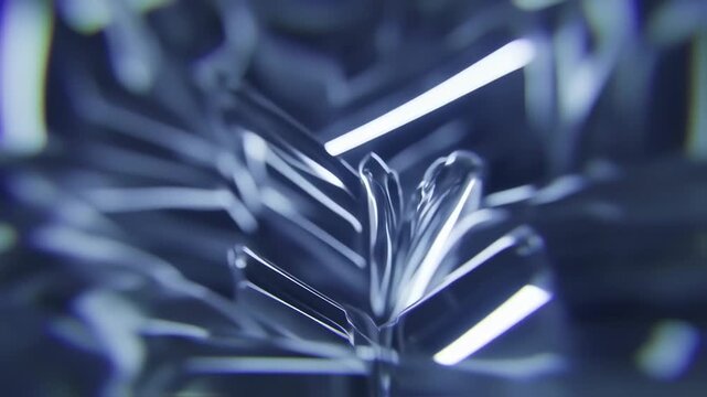 Abstract, blurred image of light streaks forming intricate, angular patterns in a deep blue-toned environment