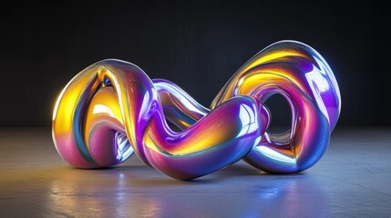 A dynamic and fluid abstract sculpture with a vibrant iridescent chrome finish, showcasing twisted metallic curves and colorful reflections in a modern, dark setting